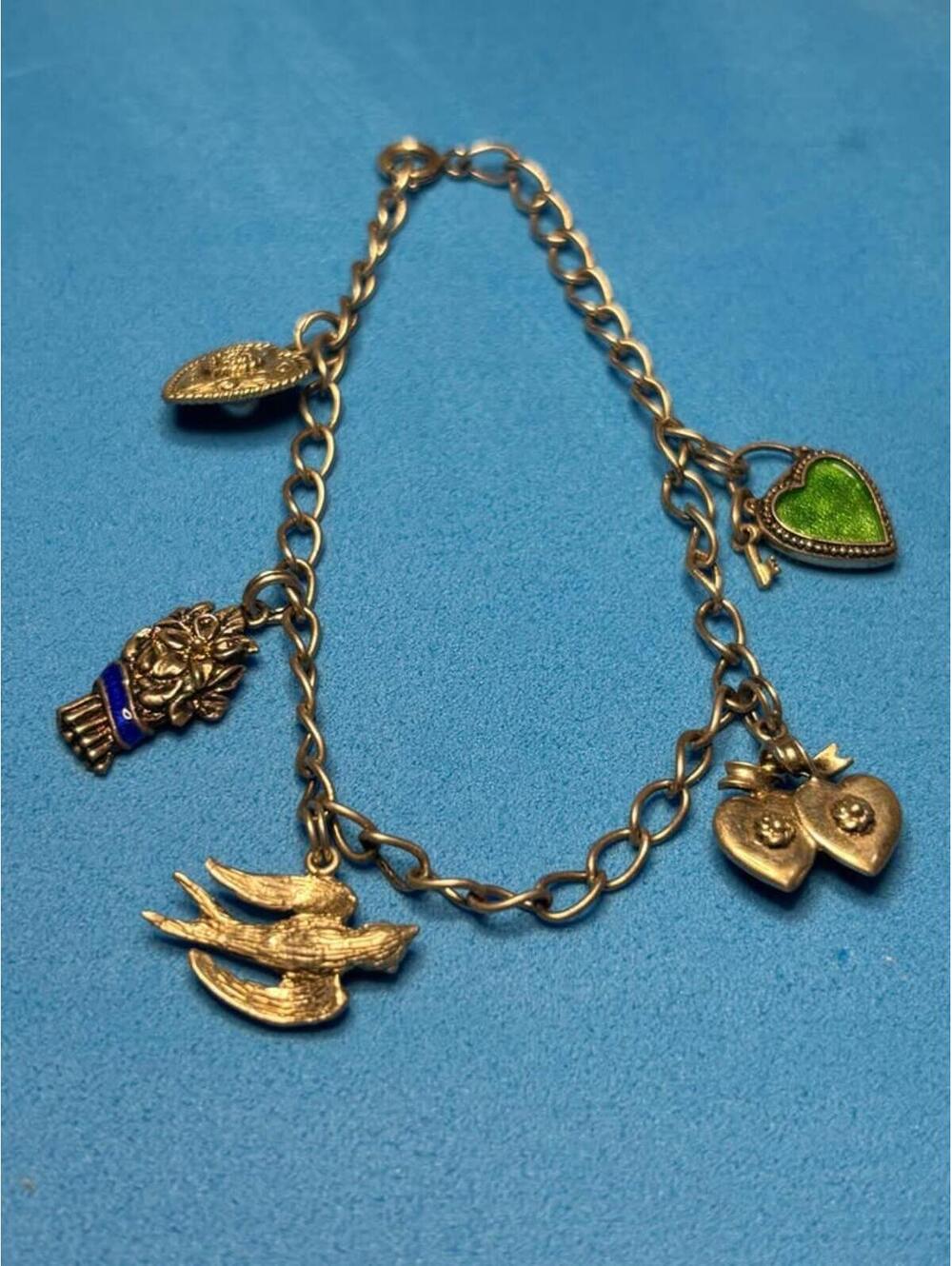 Vintage Gold Tone Charm Bracelet with Heart and Bird Charms